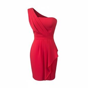 BCBGMAXAZRIA Red One Shoulder Pleated Sheath Dress Ruffle Drape Size 0